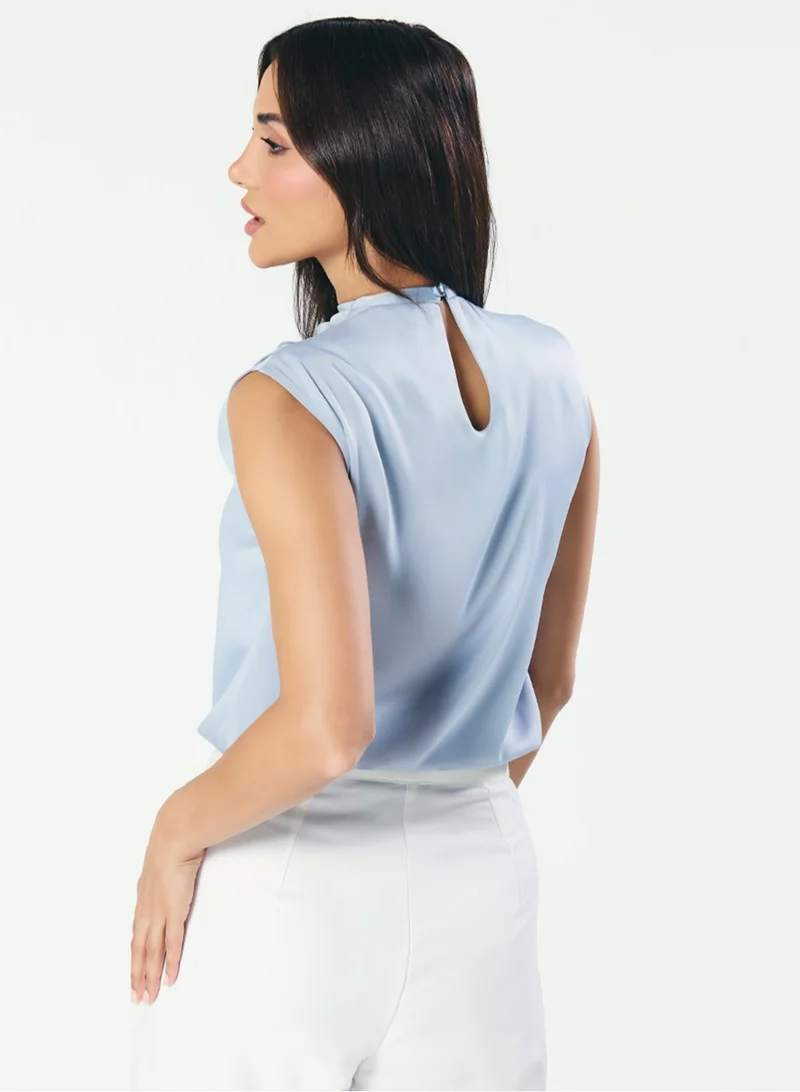 Zigzag Sleeveless Cowl High Neck Satin Pastel -Blue Top