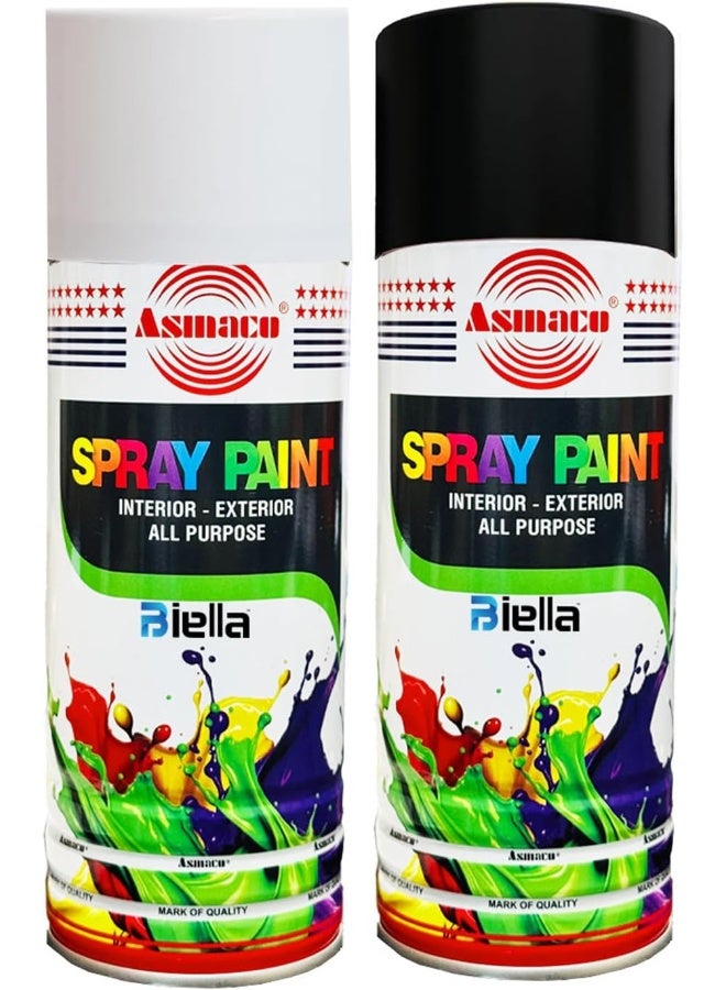 Biella All Purpose Fast Drying Acrylic Spray Paint (Matt White/Matt Black)