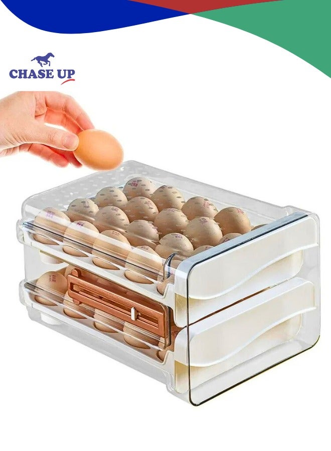 Chase Up Egg Holder for Fridge, Egg Holder with Time Scale for Refrigerator, 32 Grid Large Capacity Clear Plastic Egg Storage Container, Two Layers Drawer Type Egg Storage Rack - Image 1