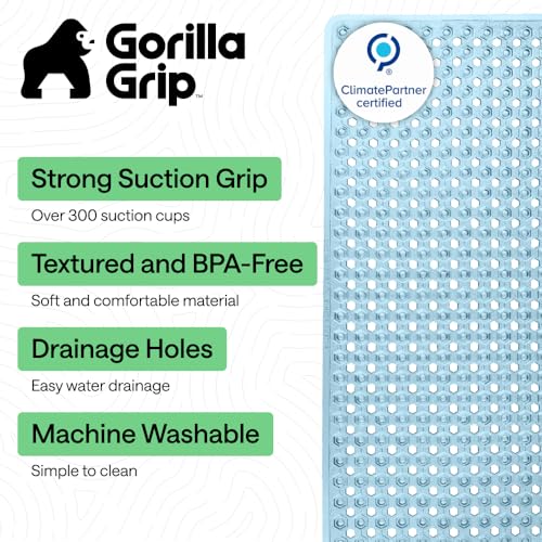 GORILLA GRIP Patented Bath Tub Shower Mat Machine Washable Bathtub Floor Liner Mats Suction Cups and Drain Holes to Keep Tubs Clean Soft on Feet Bathroom Essentials 35x16 Inch Clear Blue - Image 3