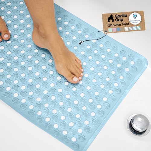 GORILLA GRIP Patented Bath Tub Shower Mat Machine Washable Bathtub Floor Liner Mats Suction Cups and Drain Holes to Keep Tubs Clean Soft on Feet Bathroom Essentials 35x16 Inch Clear Blue - Image 1