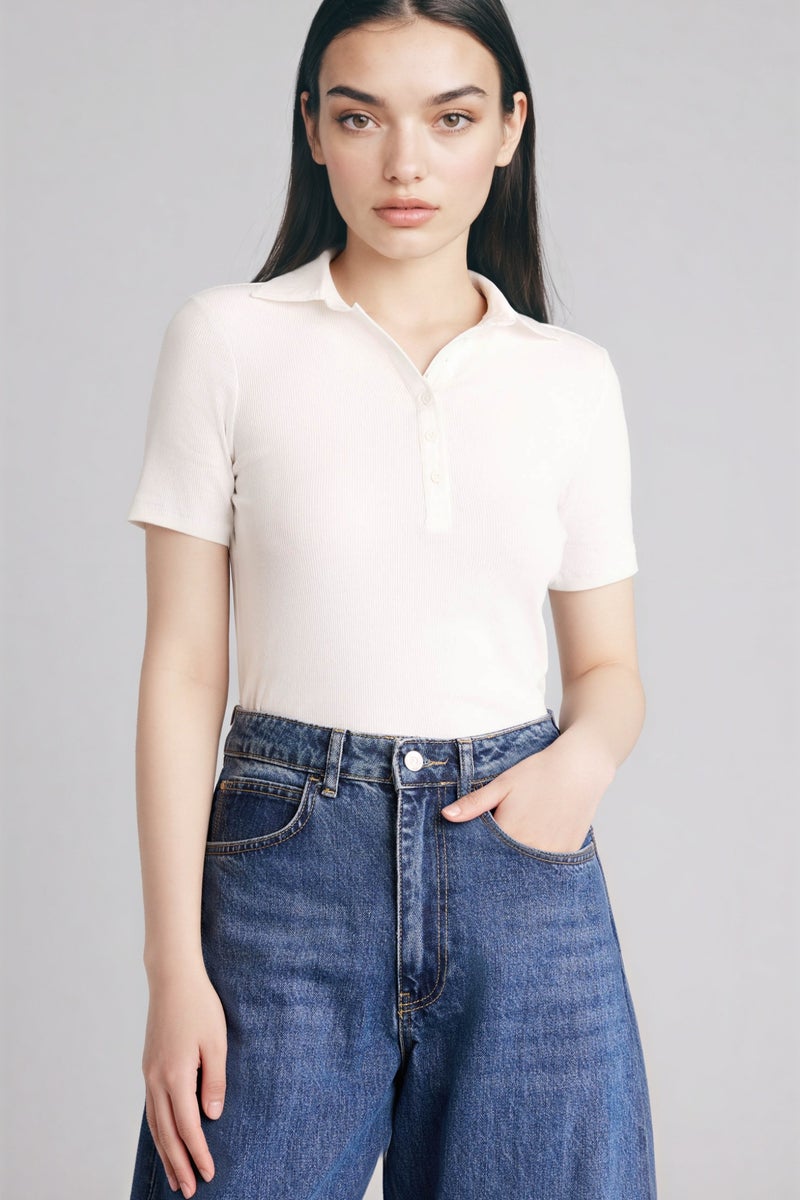 DeFacto Beige Woman Slim Fit Ribbed Polo T-Shirt Casual - Image 1