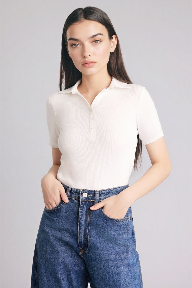 DeFacto Beige Woman Slim Fit Ribbed Polo T-Shirt Casual - Image 3