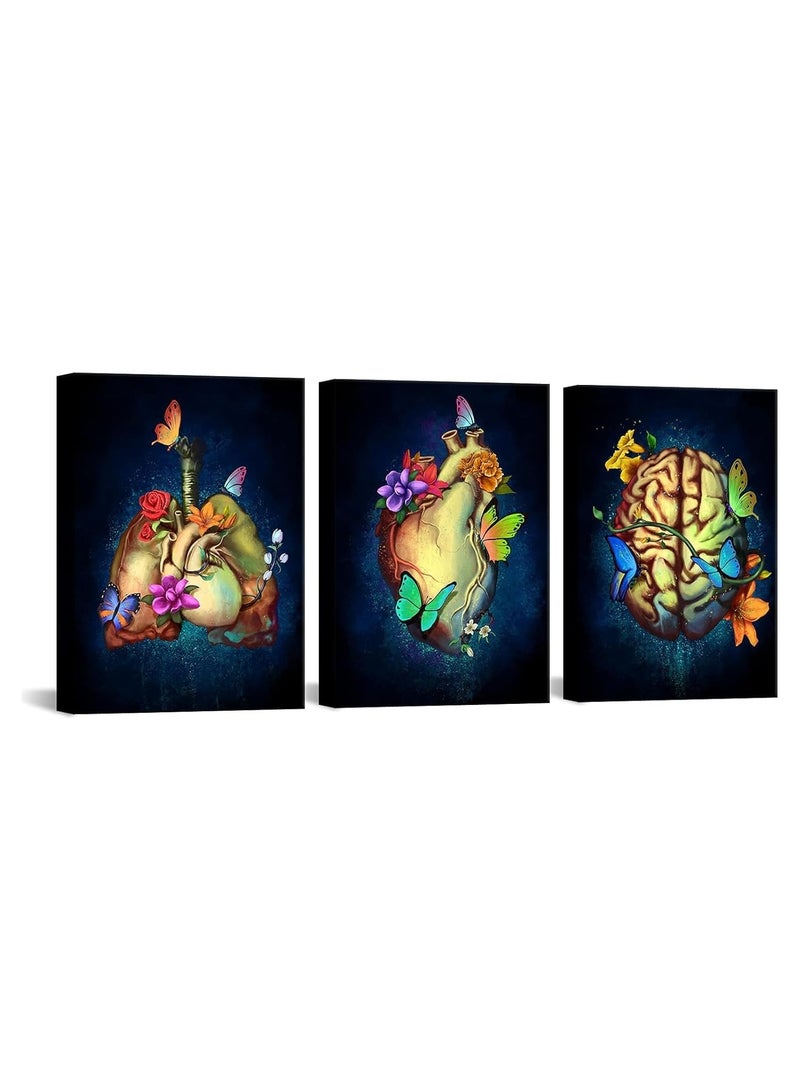 مؤسسة فكرة اليوم لوحة فنية جدارية من القماش لعلم التشريح اليوم | تصميم زهرة سوداء تجريدية للدماغ والرئتين والقلب | ديكور مكتب وعيادة طبية | مؤطرة وجاهزة للتعليق (8 × 12 بوصة، 3 قطع) - Image 1