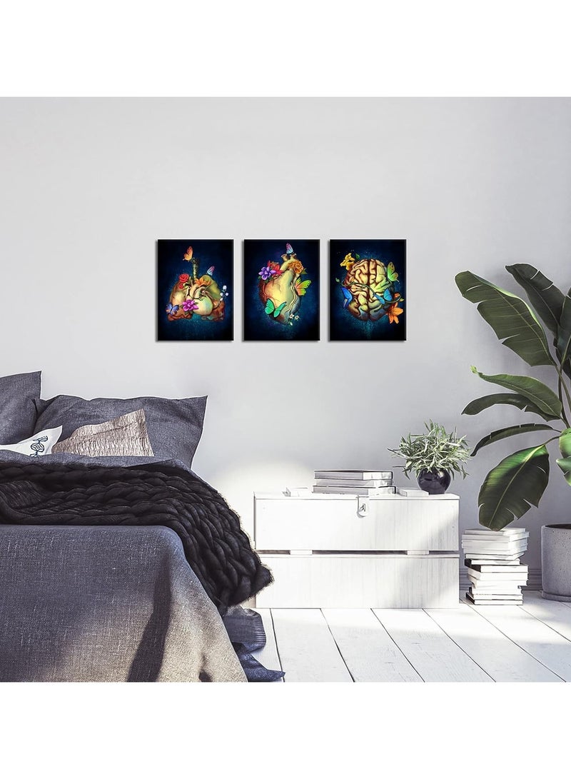 مؤسسة فكرة اليوم لوحة فنية جدارية من القماش لعلم التشريح اليوم | تصميم زهرة سوداء تجريدية للدماغ والرئتين والقلب | ديكور مكتب وعيادة طبية | مؤطرة وجاهزة للتعليق (8 × 12 بوصة، 3 قطع) - Image 4