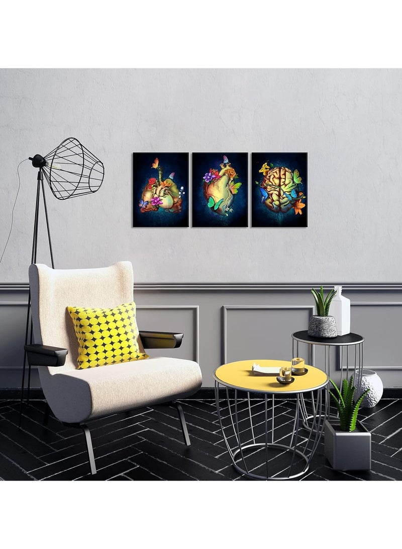 مؤسسة فكرة اليوم لوحة فنية جدارية من القماش لعلم التشريح اليوم | تصميم زهرة سوداء تجريدية للدماغ والرئتين والقلب | ديكور مكتب وعيادة طبية | مؤطرة وجاهزة للتعليق (8 × 12 بوصة، 3 قطع) - Image 3