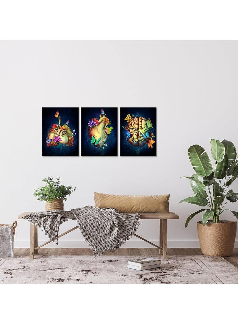 مؤسسة فكرة اليوم لوحة فنية جدارية من القماش لعلم التشريح اليوم | تصميم زهرة سوداء تجريدية للدماغ والرئتين والقلب | ديكور مكتب وعيادة طبية | مؤطرة وجاهزة للتعليق (8 × 12 بوصة، 3 قطع) - Image 2