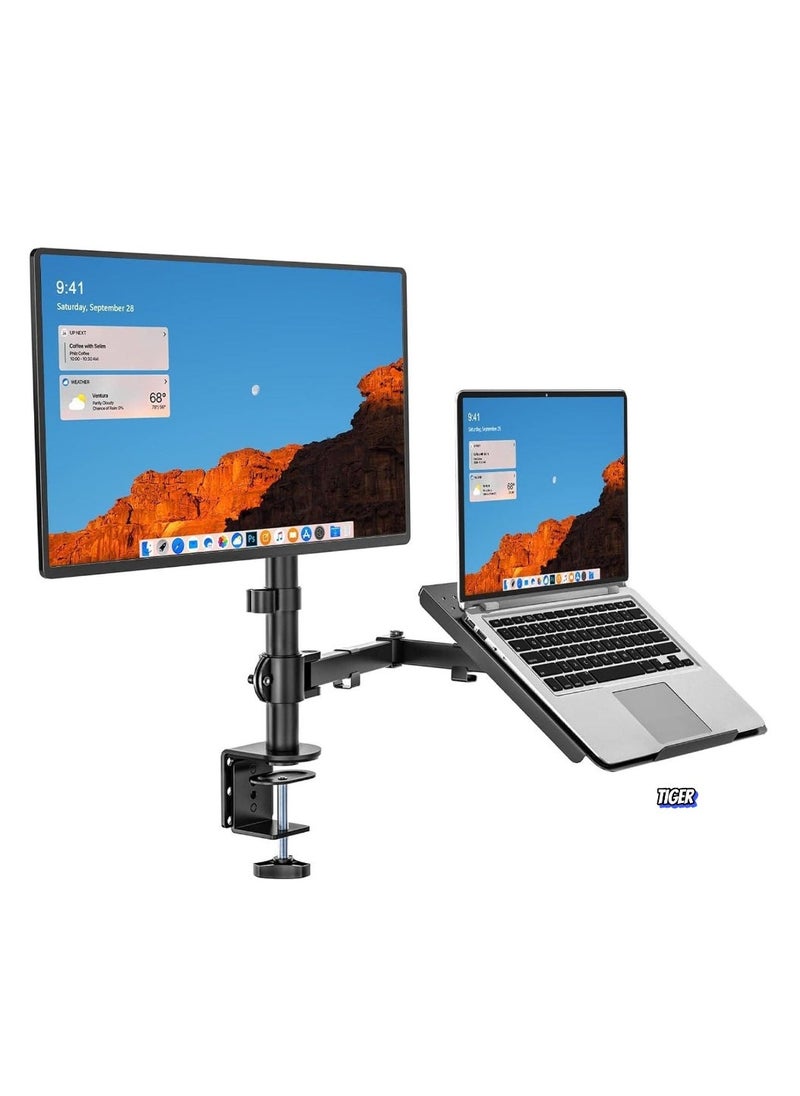TIGER Laptop and Monitor Stand – Fully Adjustable Mount with Laptop Tray for 1 Notebook (up to 17 Inches) and 1 Screen (up to 27 Inches), 22 lbs Capacity (M001LP), Black – Ergonomic, Space-Saving Desk Stand for Enhanced Productivity  - Image 1
