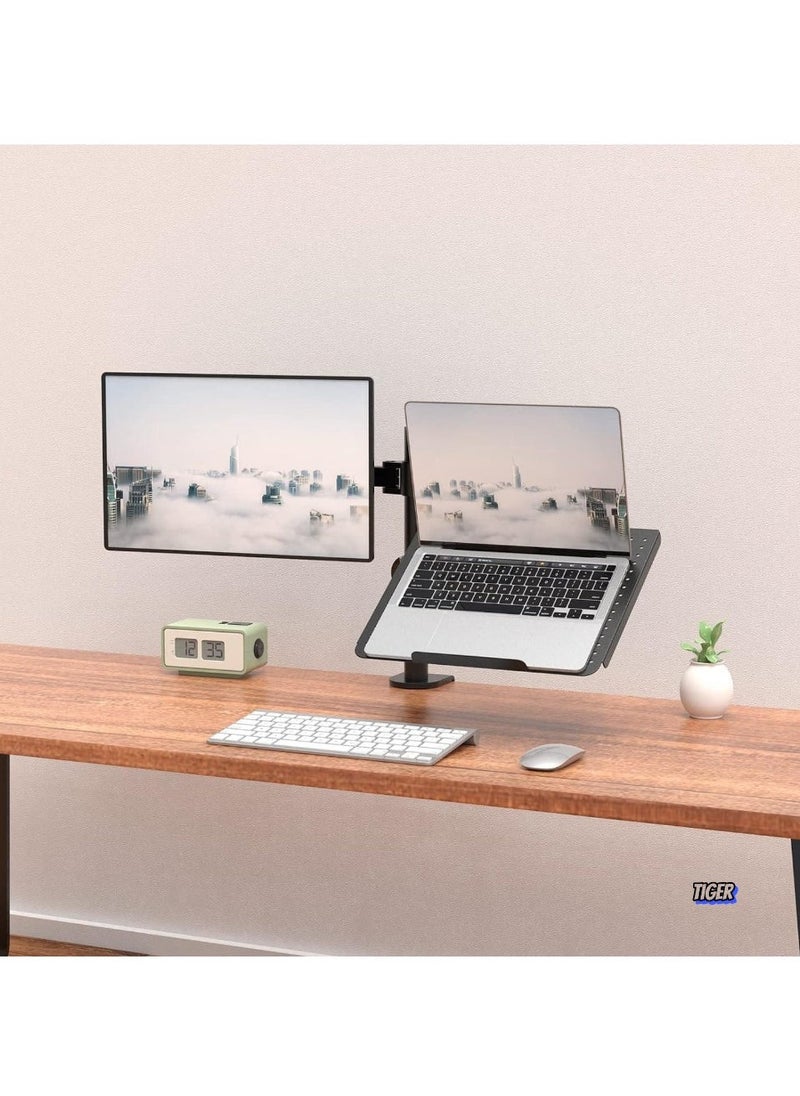 TIGER Laptop and Monitor Stand – Fully Adjustable Mount with Laptop Tray for 1 Notebook (up to 17 Inches) and 1 Screen (up to 27 Inches), 22 lbs Capacity (M001LP), Black – Ergonomic, Space-Saving Desk Stand for Enhanced Productivity  - Image 2