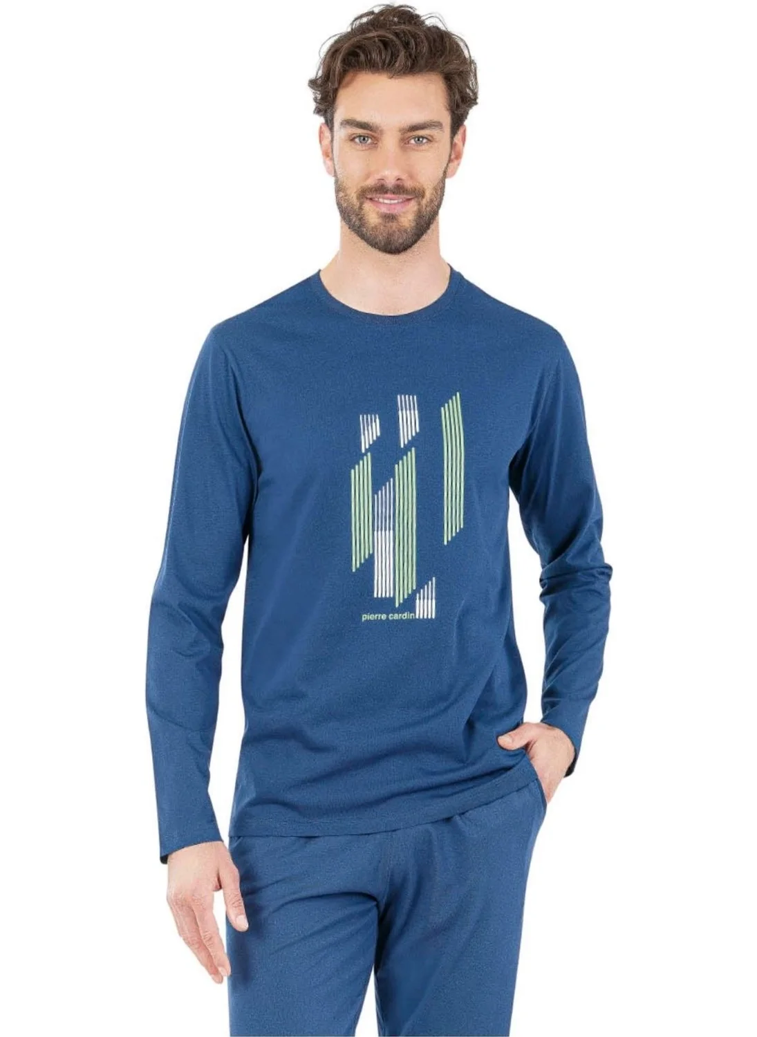 بيير كاردان 6063 Men's Indigo Long Sleeve Round Neck Pajama Set