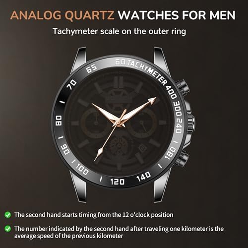 SOLLEN Black Chronograph Watch for Men, Analog Quartz Mens Watches, Fashion Sport Wrist Watches with Calendar, 30M Waterproof Luxury Casual Dress Work Watch, Luminous Skeleton Watches Gifts for Men - Image 2
