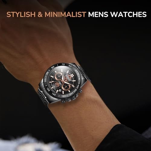 SOLLEN Black Chronograph Watch for Men, Analog Quartz Mens Watches, Fashion Sport Wrist Watches with Calendar, 30M Waterproof Luxury Casual Dress Work Watch, Luminous Skeleton Watches Gifts for Men - Image 3