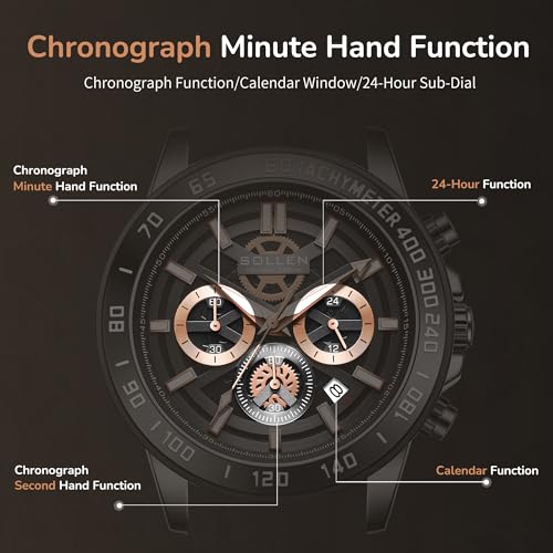 SOLLEN Black Chronograph Watch for Men, Analog Quartz Mens Watches, Fashion Sport Wrist Watches with Calendar, 30M Waterproof Luxury Casual Dress Work Watch, Luminous Skeleton Watches Gifts for Men - Image 4