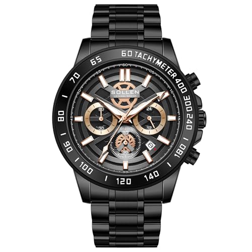 SOLLEN Black Chronograph Watch for Men, Analog Quartz Mens Watches, Fashion Sport Wrist Watches with Calendar, 30M Waterproof Luxury Casual Dress Work Watch, Luminous Skeleton Watches Gifts for Men - Image 1