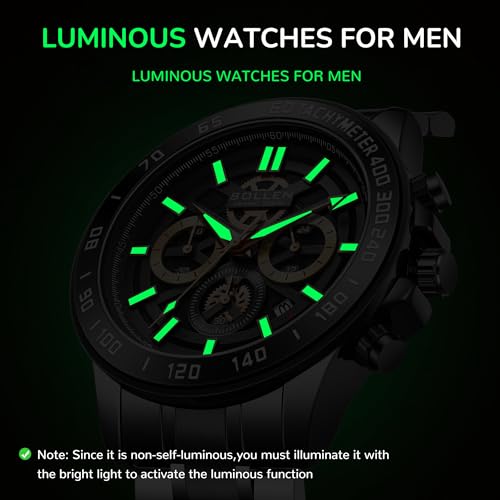 SOLLEN Black Chronograph Watch for Men, Analog Quartz Mens Watches, Fashion Sport Wrist Watches with Calendar, 30M Waterproof Luxury Casual Dress Work Watch, Luminous Skeleton Watches Gifts for Men - Image 5