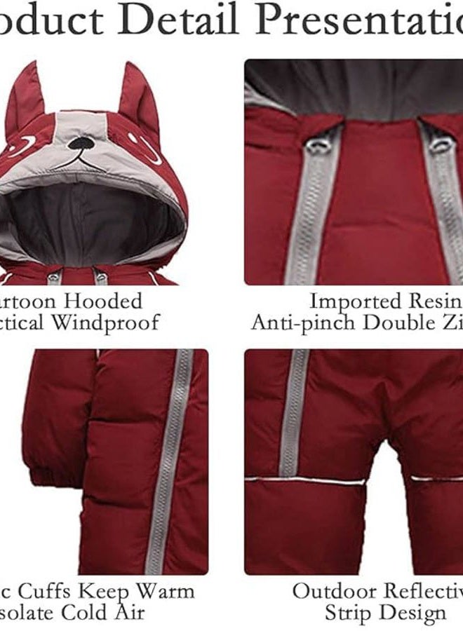 ALLAIBB Toddler Infant Baby Boy Girl Winter Snowsuit Coat Thick Onesie Romper Outwear Warm Hood Snow Suit Jumpsuit, Wine Red, 3T - Image 2