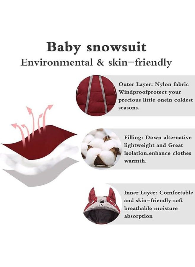 ALLAIBB Toddler Infant Baby Boy Girl Winter Snowsuit Coat Thick Onesie Romper Outwear Warm Hood Snow Suit Jumpsuit, Wine Red, 3T - Image 3