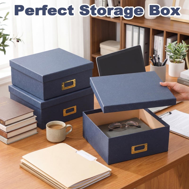 Eaasty Set of 4 Decorative Storage Boxes with Lids, Kraft Paper Boxes with Gold Label Holders, Decorative Photo Memory Keepsakes Storage, Cardboard Organizers for Home Decor, Office Organizing(Blue) - Image 5