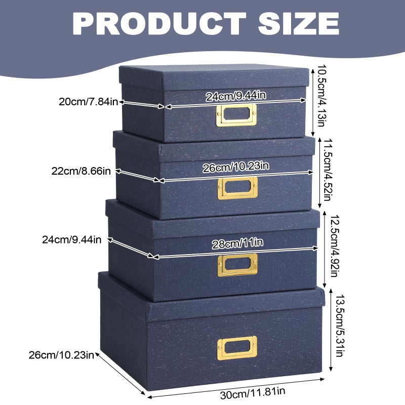 Eaasty Set of 4 Decorative Storage Boxes with Lids, Kraft Paper Boxes with Gold Label Holders, Decorative Photo Memory Keepsakes Storage, Cardboard Organizers for Home Decor, Office Organizing(Blue) - Image 2