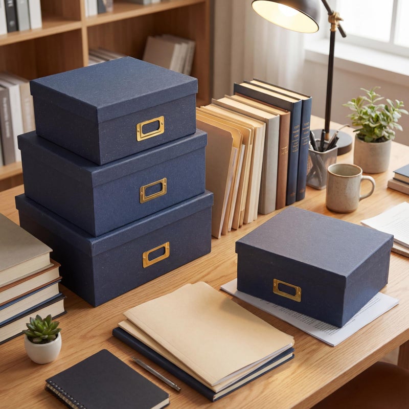 Eaasty Set of 4 Decorative Storage Boxes with Lids, Kraft Paper Boxes with Gold Label Holders, Decorative Photo Memory Keepsakes Storage, Cardboard Organizers for Home Decor, Office Organizing(Blue) - Image 4