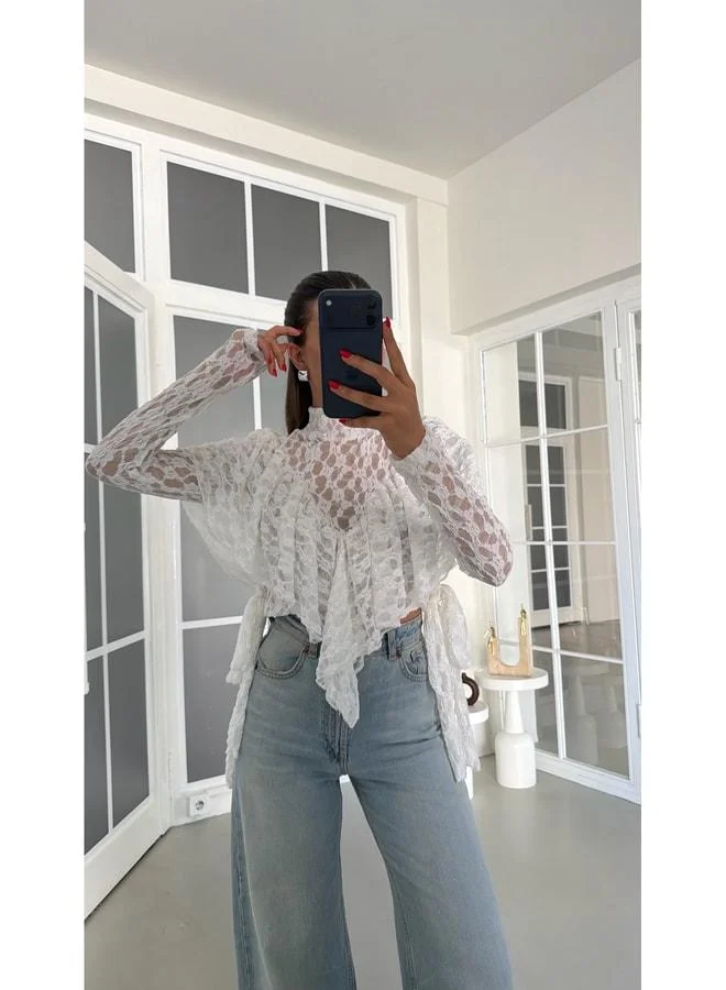 White Long-Sleeved Lace Blouse GAUS-01874.