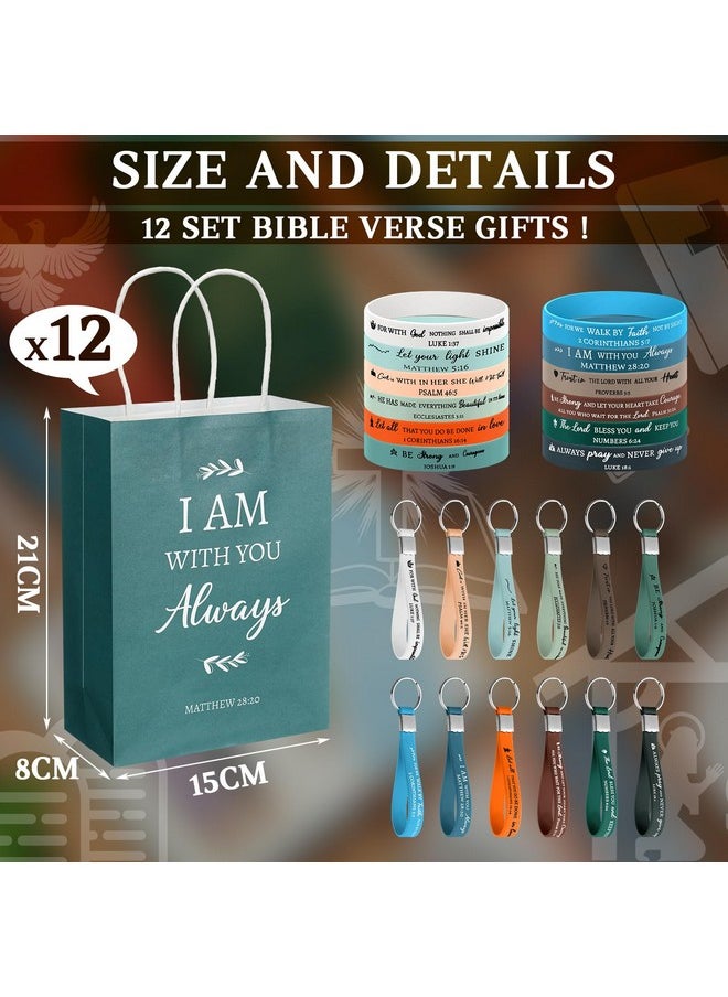Zhanmai - 72 Pcs Christian Gifts Set Bulk Bible Verse Paper Bags Religious Ballpoint Pens Christian Notebook And Bookmark Inspirational Bracelet Keychain For Church Supplies Favors Gifts (12 Set) - Image 1
