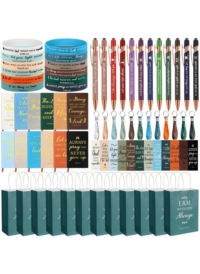 Zhanmai - 72 Pcs Christian Gifts Set Bulk Bible Verse Paper Bags Religious Ballpoint Pens Christian Notebook And Bookmark Inspirational Bracelet Keychain For Church Supplies Favors Gifts (12 Set) - Image 1