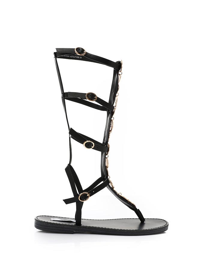 Decorative Coins Multi Buckles Sandals - Black