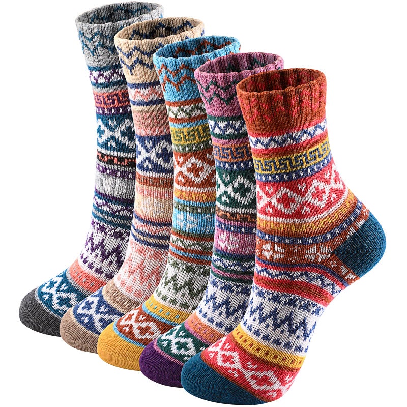 Premillow Wool Socks for Women - Womens Wool Socks Winter Sock for Women Men Warm Thick Knit Soft Vintage Casual Crew Sock, 5 Pairs Curve Pattern, One size - Image 1