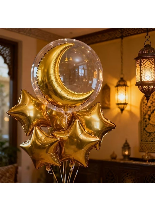 Kandid Golden Theme Ramadan Party Balloons, 9pcs Elegant Balloon Set with 1 20 Inch Clear Bobo Ball, 45.72 cm Golden Moon Aluminum Film Balloon, 6 Golden Star Balloons,, Eid Party Balloons - Image 2