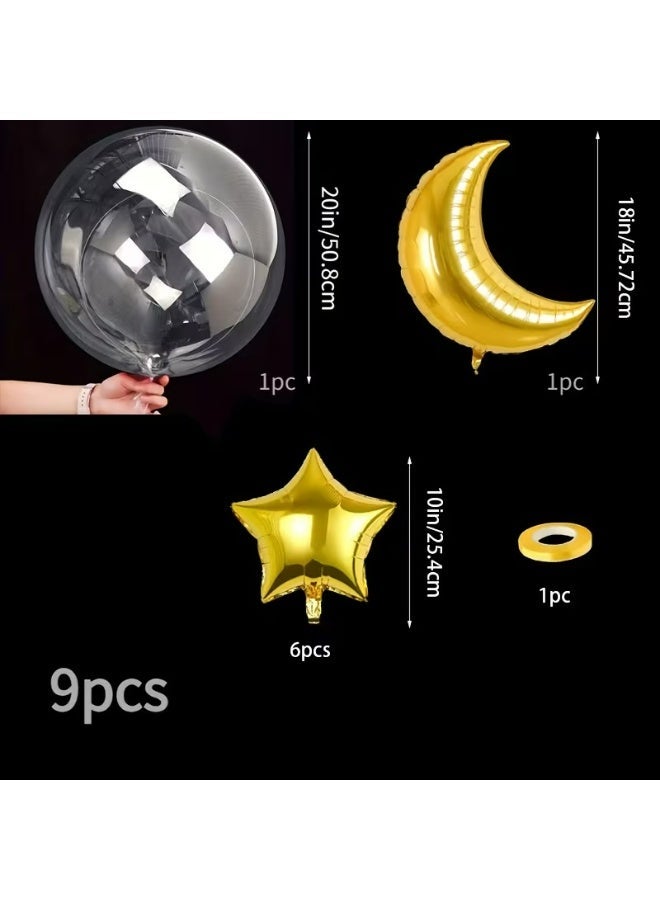 Kandid Golden Theme Ramadan Party Balloons, 9pcs Elegant Balloon Set with 1 20 Inch Clear Bobo Ball, 45.72 cm Golden Moon Aluminum Film Balloon, 6 Golden Star Balloons,, Eid Party Balloons - Image 3
