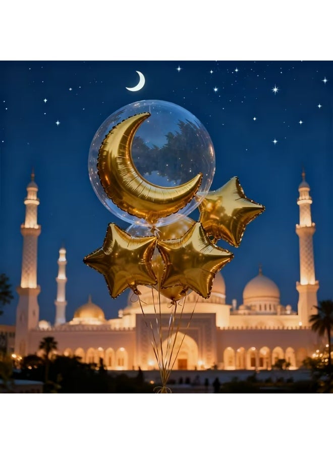Kandid Golden Theme Ramadan Party Balloons, 9pcs Elegant Balloon Set with 1 20 Inch Clear Bobo Ball, 45.72 cm Golden Moon Aluminum Film Balloon, 6 Golden Star Balloons,, Eid Party Balloons - Image 4