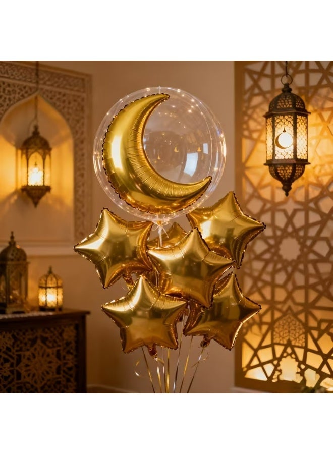 Kandid Golden Theme Ramadan Party Balloons, 9pcs Elegant Balloon Set with 1 20 Inch Clear Bobo Ball, 45.72 cm Golden Moon Aluminum Film Balloon, 6 Golden Star Balloons,, Eid Party Balloons - Image 5