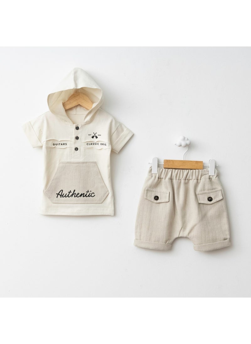 FOR MY BABY Baby Fou Herringbone Hooded T-Shirt Shorts Set  - Image 1