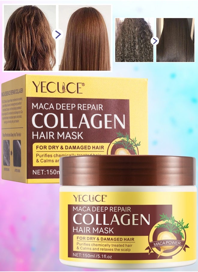 Yecuce Maca Collagen Hair Mask 150ml Maca Deep Repair Collagen Hair Mask Maca Hair Treatment Mask for Dry & Damaged Hair Deep Conditioning Moisturizing Nourishing Hair Care Mask  - Image 1