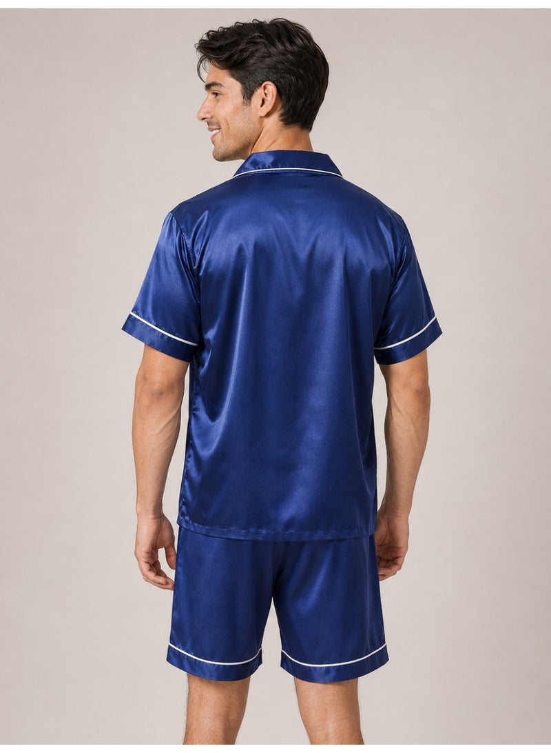 Men's Cooling Satin-Like Pajama Set, Short Sleeve Shirt & Shorts with White Piping, Blue - Image 3
