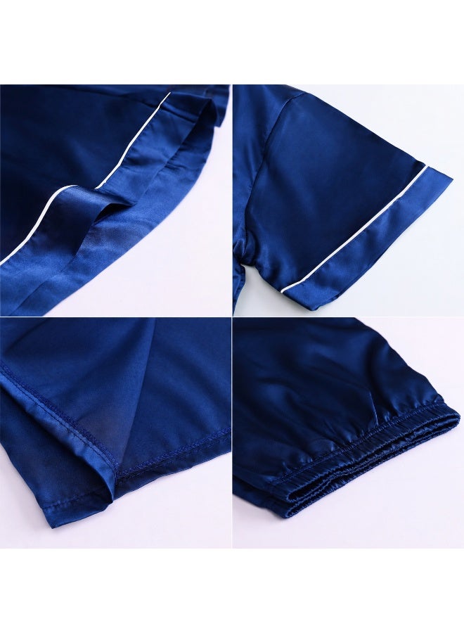 Men's Cooling Satin-Like Pajama Set, Short Sleeve Shirt & Shorts with White Piping, Blue - Image 5