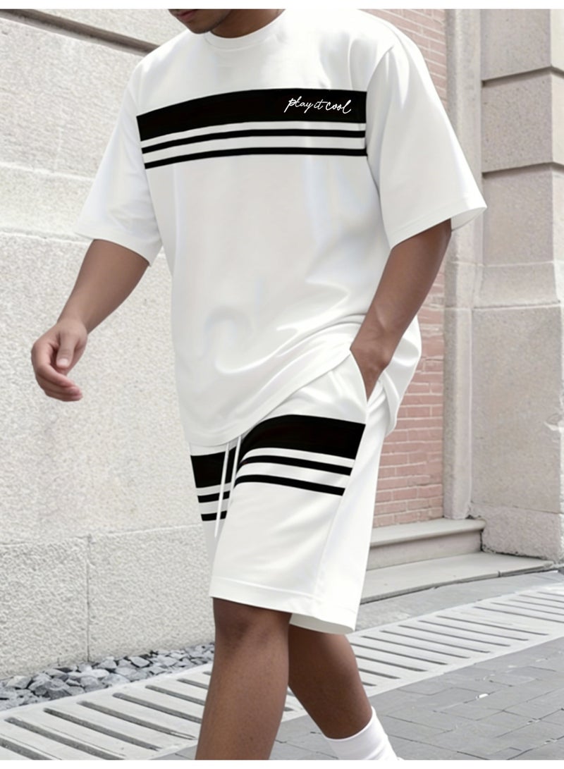 Mens Summer 2 Piece Set Play It Cool Short Sleeve T-Shirt and Drawstring Shorts Outfit Casual Sportswear Tracksuit Y2K Streetwear Activewear - Image 2