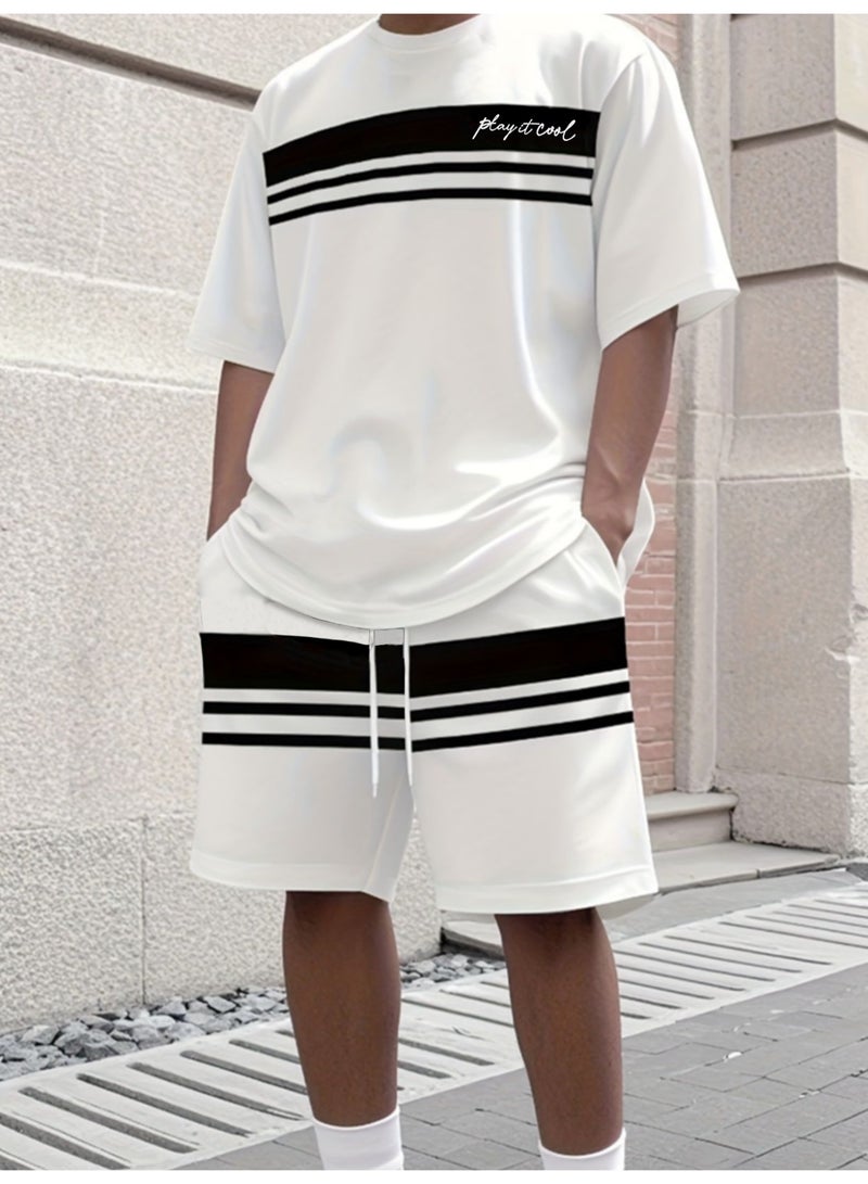 Mens Summer 2 Piece Set Play It Cool Short Sleeve T-Shirt and Drawstring Shorts Outfit Casual Sportswear Tracksuit Y2K Streetwear Activewear - Image 1