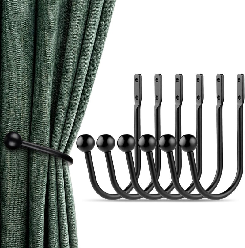 gobutend Curtain Holdbacks, 6pcs Curtains Holder Wall Mounted Drapery Tiebacks Retro Window Hook for Home Decor, Matte Black - Image 1