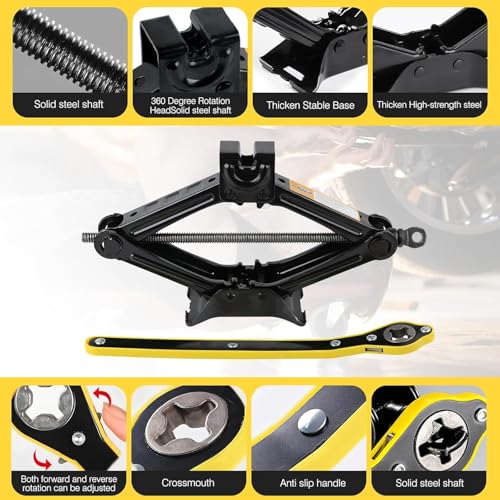 GNEY Heavy Duty Car Scissor Jack Kit 1 Ton (2204lbs) with Ratchet Wrench, 13.3" Ergonomic Handle, Solid Steel Shaft, Anti-Slip Grip, 360° Rotation Head – Portable Tire Change Tool for Vehicles - Image 3
