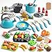 Zero Zoo 105Pcs Kids Kitchen Toy Accessories Toddler Pretend BBQ Camping Cooking Playset Play Pots Pans Utensils Cookware Toys Play Food Set Vegetables Learning Gift for Girls Boys Turquoise - Image 3