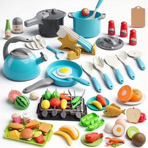 Zero Zoo 105Pcs Kids Kitchen Toy Accessories Toddler Pretend BBQ Camping Cooking Playset Play Pots Pans Utensils Cookware Toys Play Food Set Vegetables Learning Gift for Girls Boys Turquoise - Image 1