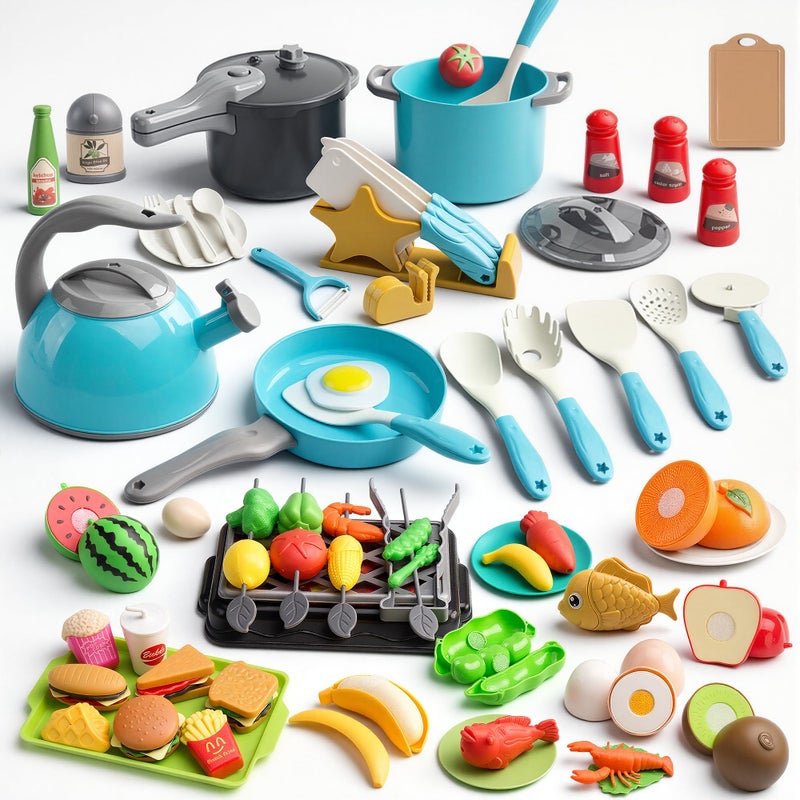 Zero Zoo 105Pcs Kids Kitchen Toy Accessories Toddler Pretend BBQ Camping Cooking Playset Play Pots Pans Utensils Cookware Toys Play Food Set Vegetables Learning Gift for Girls Boys Turquoise - Image 2