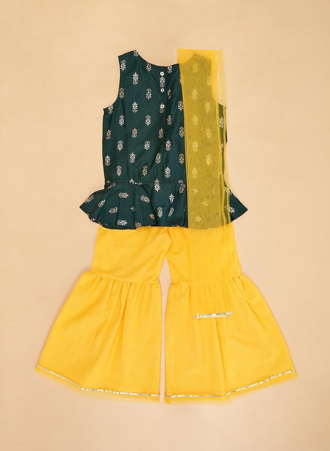 YU by Pantaloons Girl's Cotton Regular Kurta Sharara Dupatta Set (110144659004_Green - Image 3
