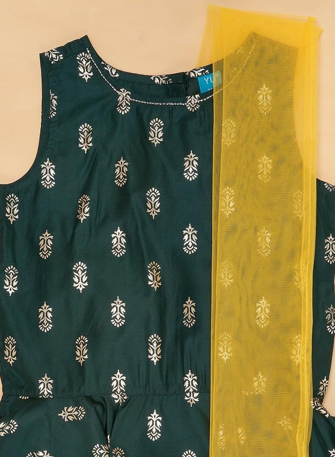 YU by Pantaloons Girl's Cotton Regular Kurta Sharara Dupatta Set (110144659004_Green - Image 4