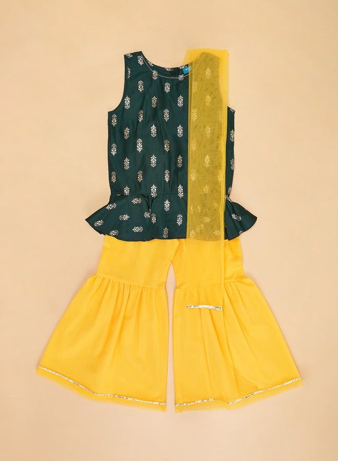 YU by Pantaloons Girl's Cotton Regular Kurta Sharara Dupatta Set (110144659004_Green - Image 2