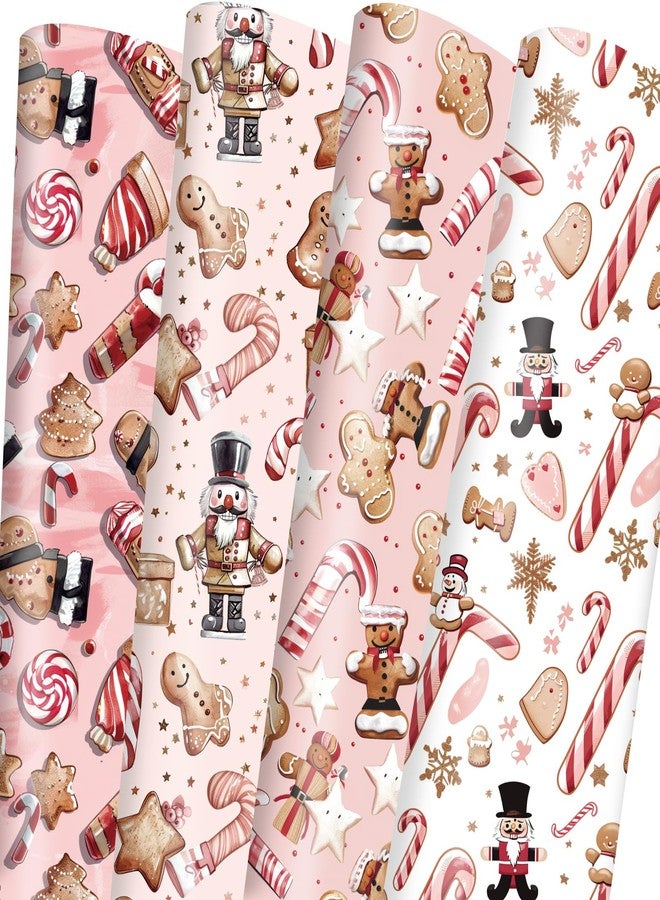 Vnaaem Pink Christmas Wrapping Paper with 4 Nutcracker Gingerbread Design for Christmas Holiday Party Celebration - 20 X 28Inches Per Sheet(8 Pack) - Image 1
