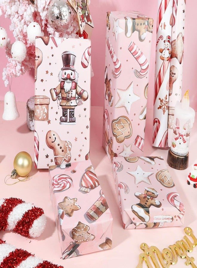 Vnaaem Pink Christmas Wrapping Paper with 4 Nutcracker Gingerbread Design for Christmas Holiday Party Celebration - 20 X 28Inches Per Sheet(8 Pack) - Image 2