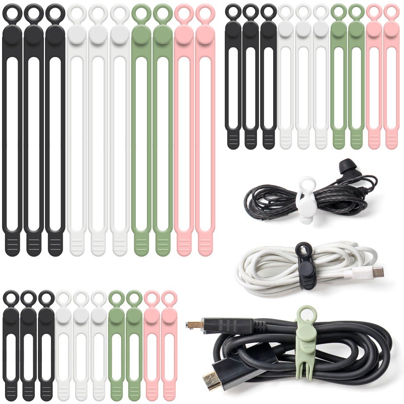OneLeaf 30Pcs Cord Organizer, Silicone Cable Ties Reusable, Cord Ties for Electronics, Multipurpose Elastic Wire Ties, Travel Essentials for Cable Organizer, Wire Organizers for Fastening Cords - Image 1